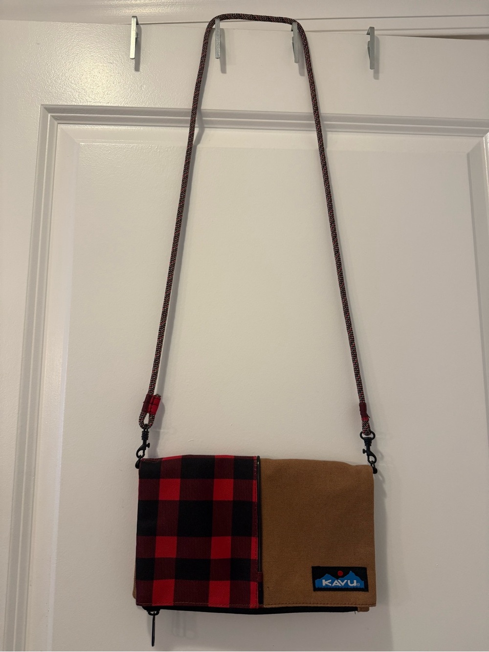 Kavu Red Black Plaid and Brown Crossbody fold over Bag with two zippers